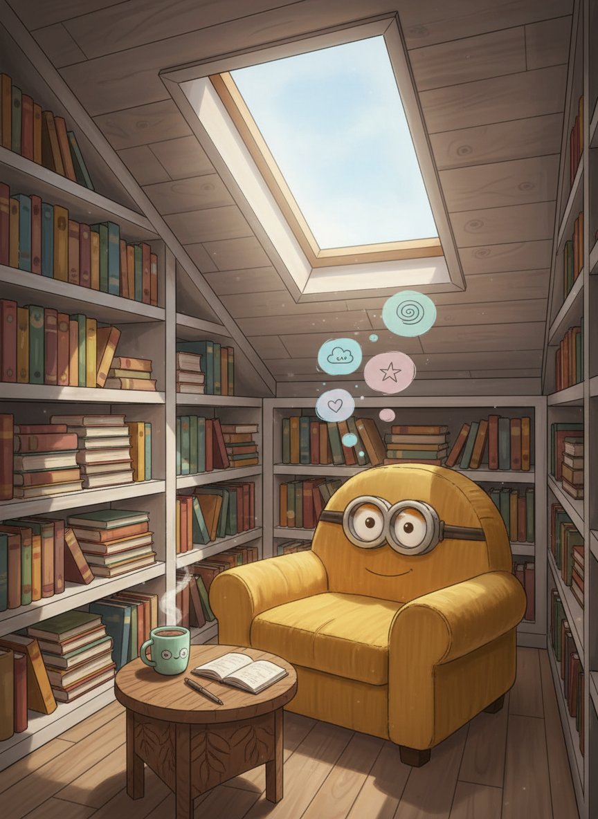 A small, cozy reading nook built into the corner of an attic-like room, filled with overflowing shelves of colorful, slightly worn books. In the center, a plump mustard-yellow armchair shaped like a friendly minion silhouette, with soft corduroy texture and rounded edges, faces a low wooden side table holding a steaming mint-green mug and an open journal. Gentle afternoon light filters through a skylight, casting dappled highlights and gentle shadows. Floating, translucent thought bubbles in pastel blues and pinks drift above the chair, containing tiny doodled hearts, clouds, and spirals. Composed at eye level with a slight vignette and shallow depth of field, this vibrant digital art style feels warm, playful, and introspective, perfect for a mental health blog about quiet personal reflection.