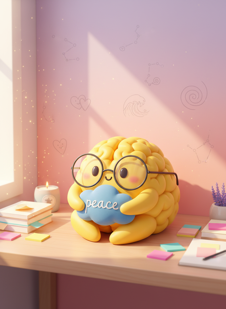 A serene desktop scene with a chubby, banana-yellow cartoon brain character sitting cross-legged atop a smooth, light-wood desk, its surface scattered with neatly stacked notebooks, colored sticky notes, and a small lavender-scented candle. The brain wears oversized round glasses and gently hugs a tiny blue cloud-shaped pillow marked “peace.” Behind it, a soft gradient wall transitions from pale coral to gentle lilac, with faint, sketched constellations of different emotions. Late-morning diffused window light bathes the scene, softening edges and creating a calm glow, while tiny sparkles float in the air like dust motes. Captured from a slightly elevated angle with crisp focus on the brain and subtle bokeh of the background, the digital art style is bright, whimsical, and soothing, expressing playful mindfulness and emotional self-care.