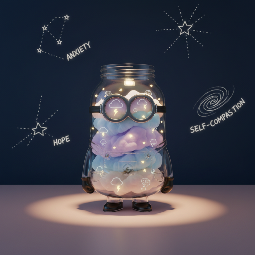 Inside a glass jar shaped like a classic minion silhouette, swirling pastel clouds, tiny storm icons, and glowing stars float in layered strata, symbolizing mixed emotions contained but visible. The jar rests on a smooth, pale-pink table against a backdrop of a midnight-blue wall softly dotted with hand-drawn constellations labeled with words like “anxiety,” “hope,” and “self-compassion.” A single desk lamp outside the frame casts a warm, gentle spotlight on the jar, creating reflections and soft glints on the curved glass while leaving the background slightly darker and dreamy. Shot at eye level with the jar centered and sharp, the digital art style is clean, playful, and contemplative. The mood is tender and honest, suggesting that complicated feelings can be both held and gently examined in a safe, imaginative space.