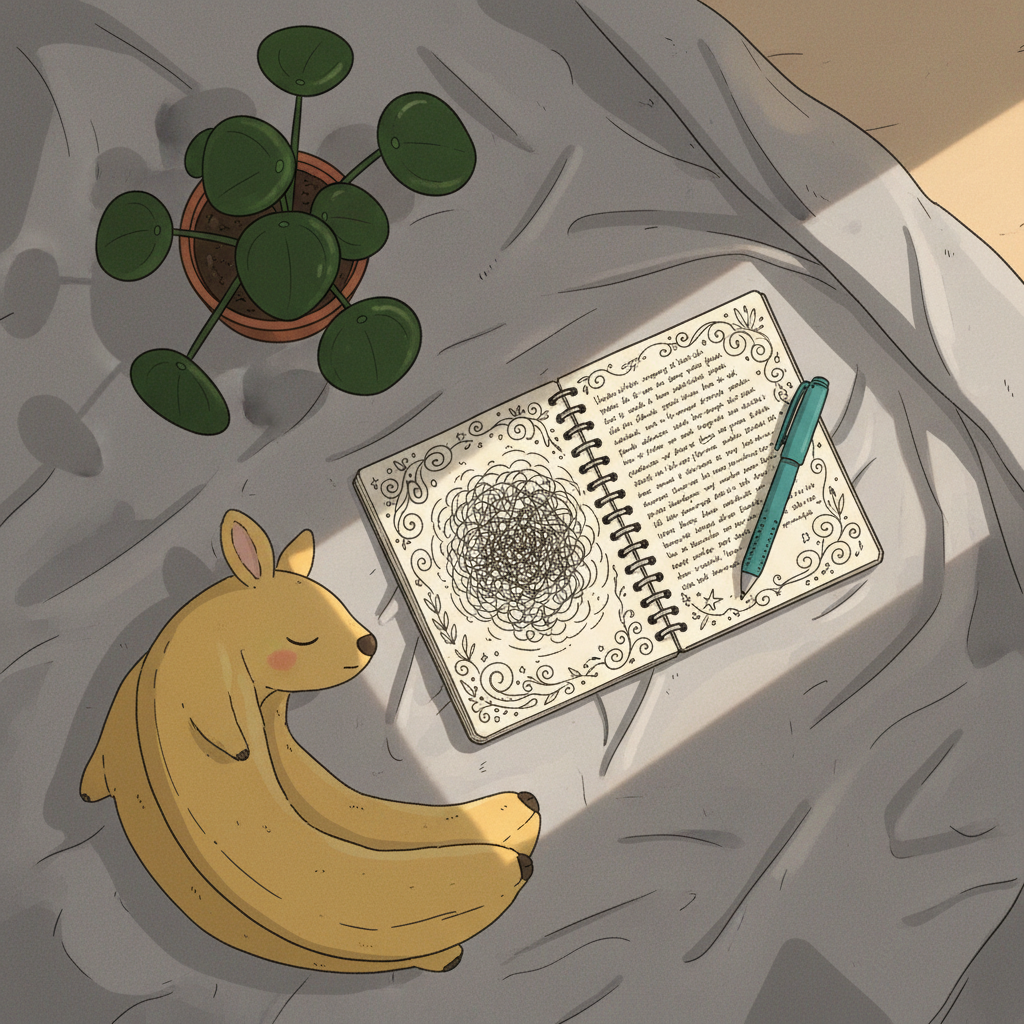 An overhead view of a tidy bed with a rumpled, soft-gray duvet and a plush, banana-yellow blanket curled like a resting creature near the foot. On the bed, a spiral-bound notebook lies open, pages filled with swirling handwritten thoughts that slowly morph into tiny illustrated waves, stars, and tangled vines as they approach the margins. A chunky teal pen rests diagonally across the page. Warm golden-hour light spills in from an unseen window, forming a gentle rectangle of sunlight across the bedding, enhancing fabric textures. Beside the notebook, a small potted plant with round, glossy leaves leans toward the light. The digital-art rendering is cozy, introspective, and slightly whimsical, with muted pastels and soft shadows, emphasizing the comfort and messiness of processing mental health through private journaling.